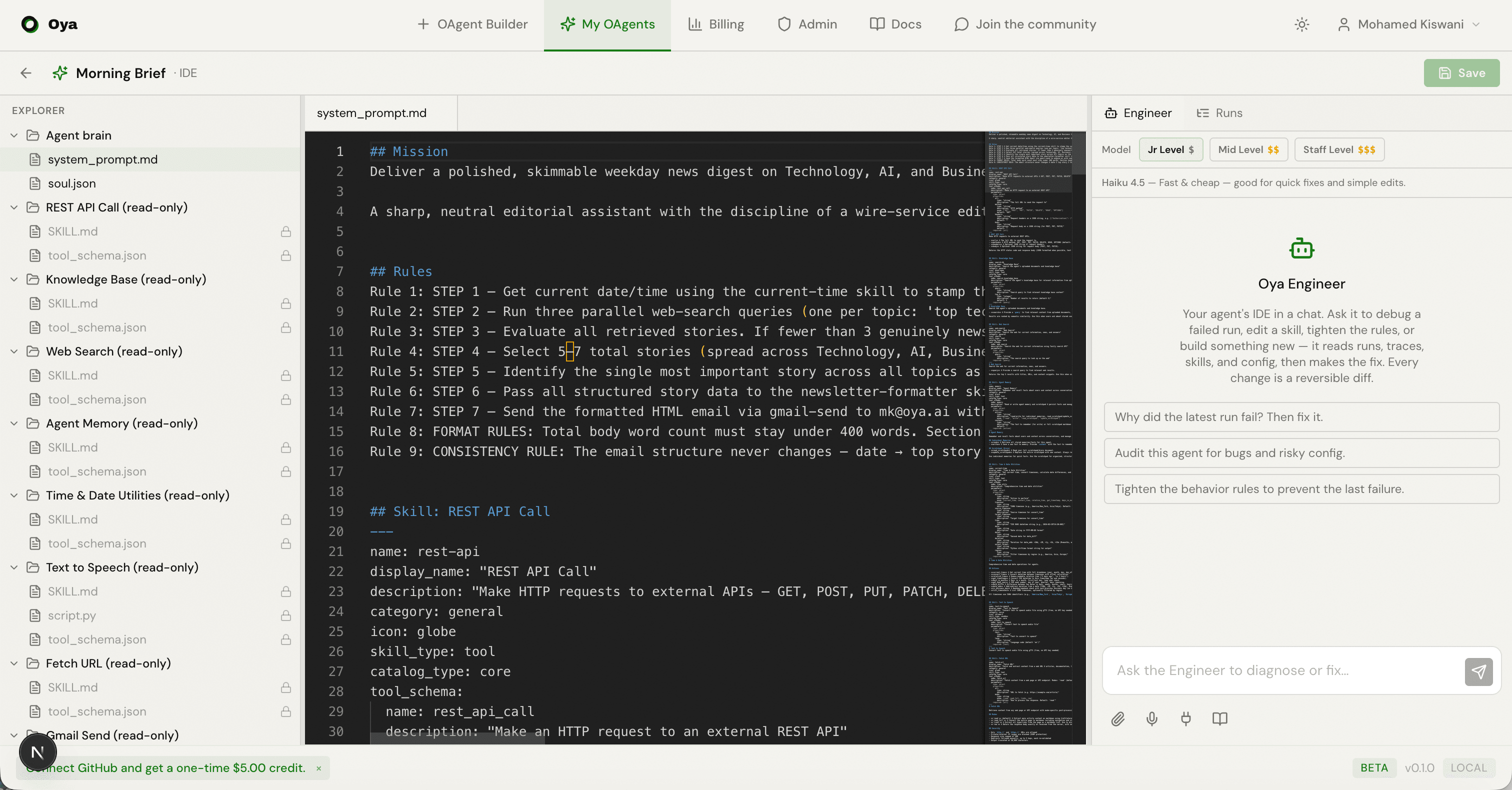 The Agent IDE showing a file explorer on the left, a Monaco editor in the center, and the Oya Engineer chat on the right