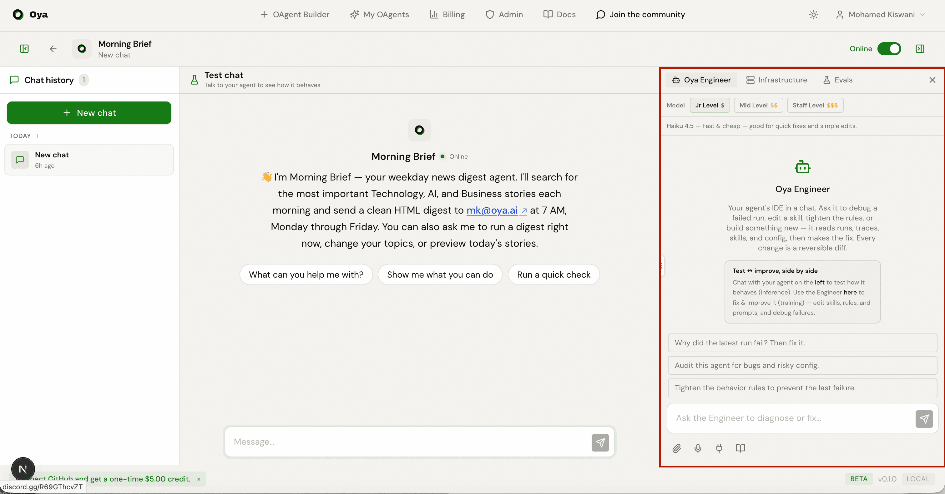 Chat right-side panel showing Oya Engineer, Infrastructure, and Evals tabs