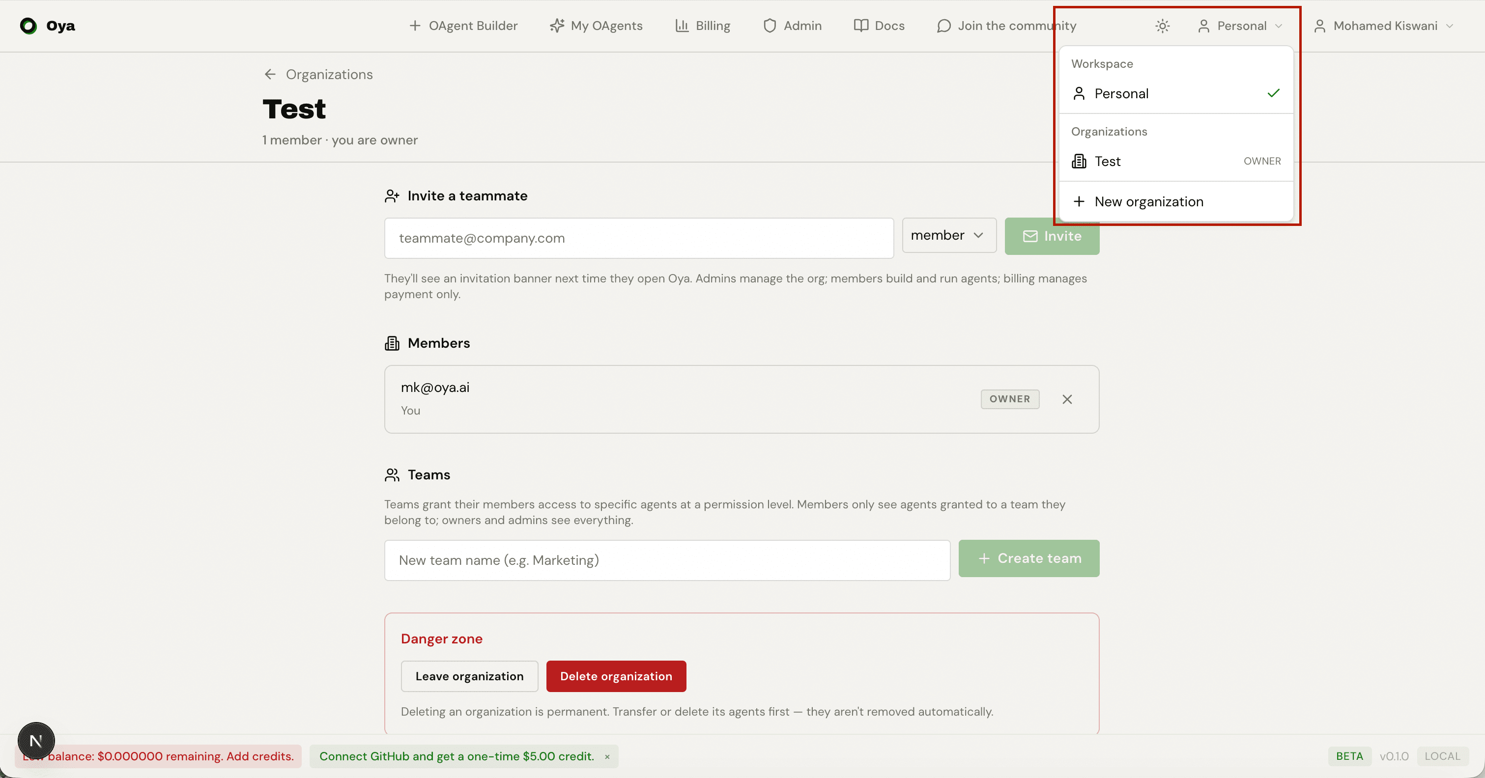 Workspace switcher dropdown in the header showing Personal and a list of organizations with role labels