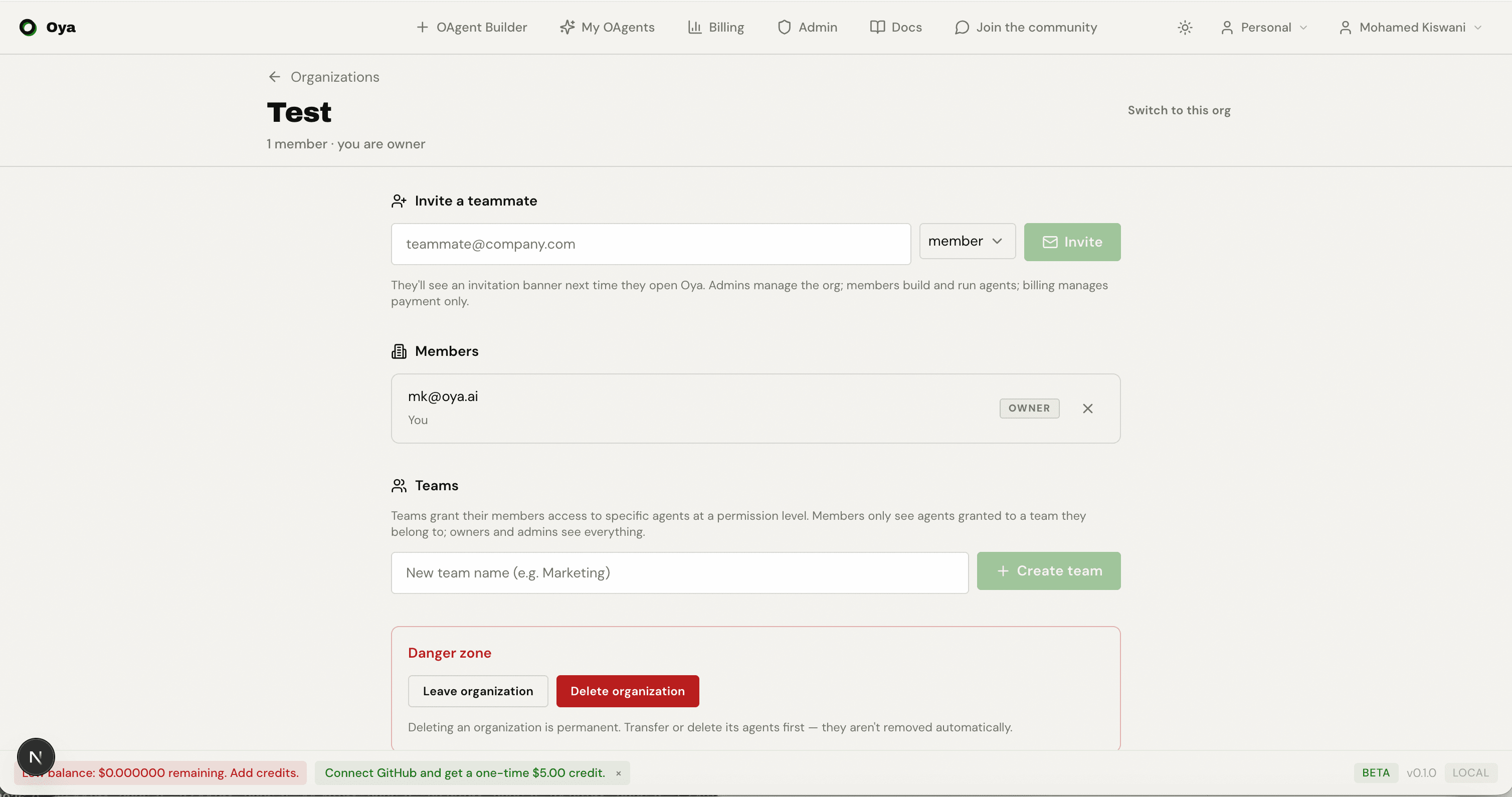 Team detail page showing team members with roles and a list of granted OAgents at read, write, and admin permission levels