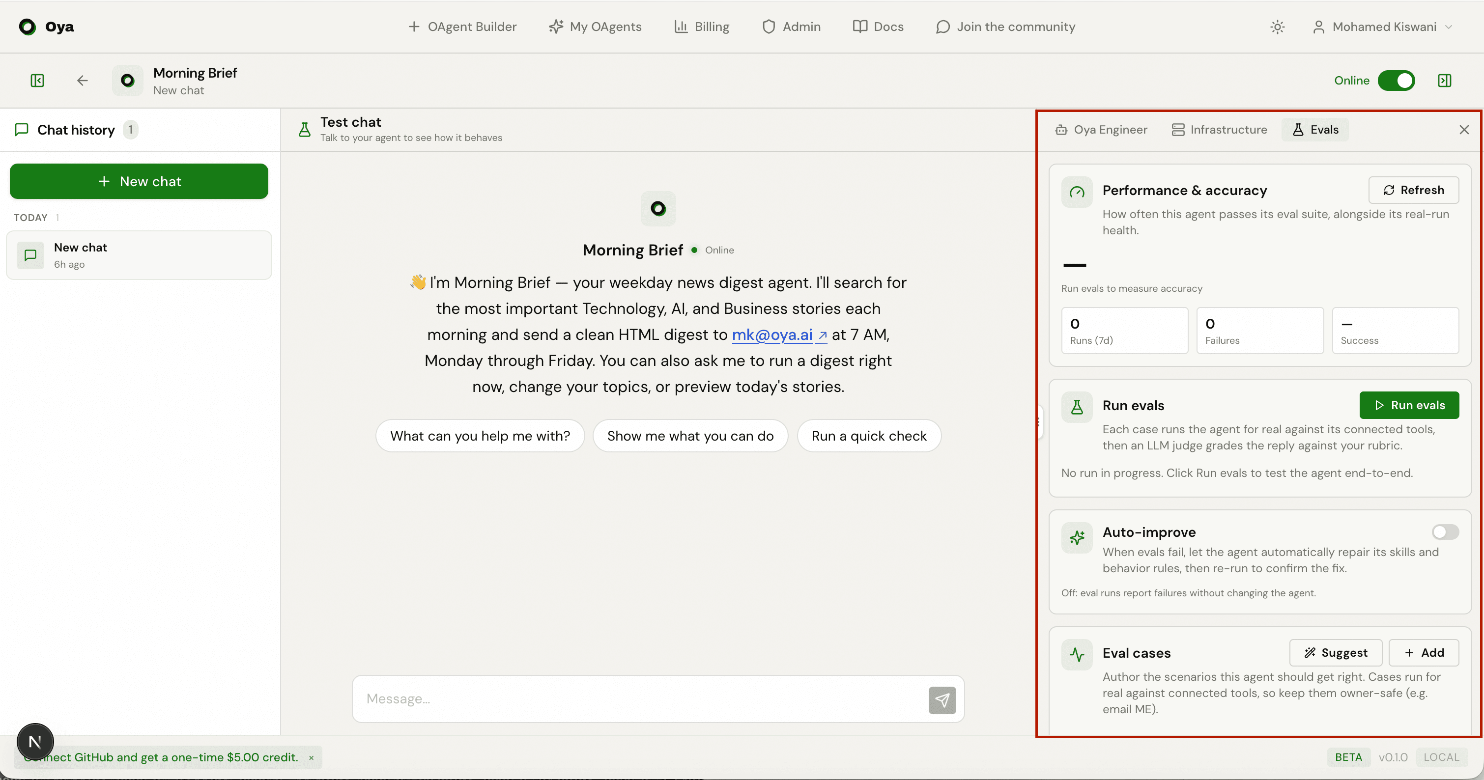 The Evals tab showing performance and accuracy, run evals, auto-improve, and eval cases sections